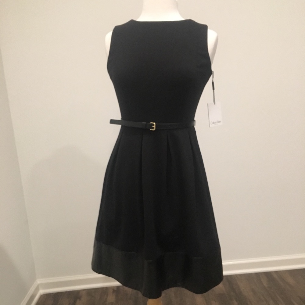 Calvin Klein Fit Flare Dress Leather Trim Belted